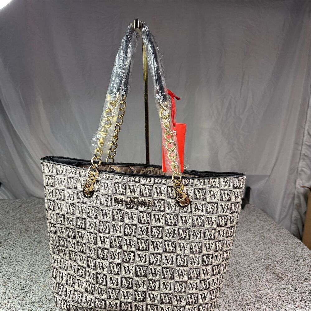 Montana West Vegan Leather Tote Bag Black/White Chain Shoulder Straps